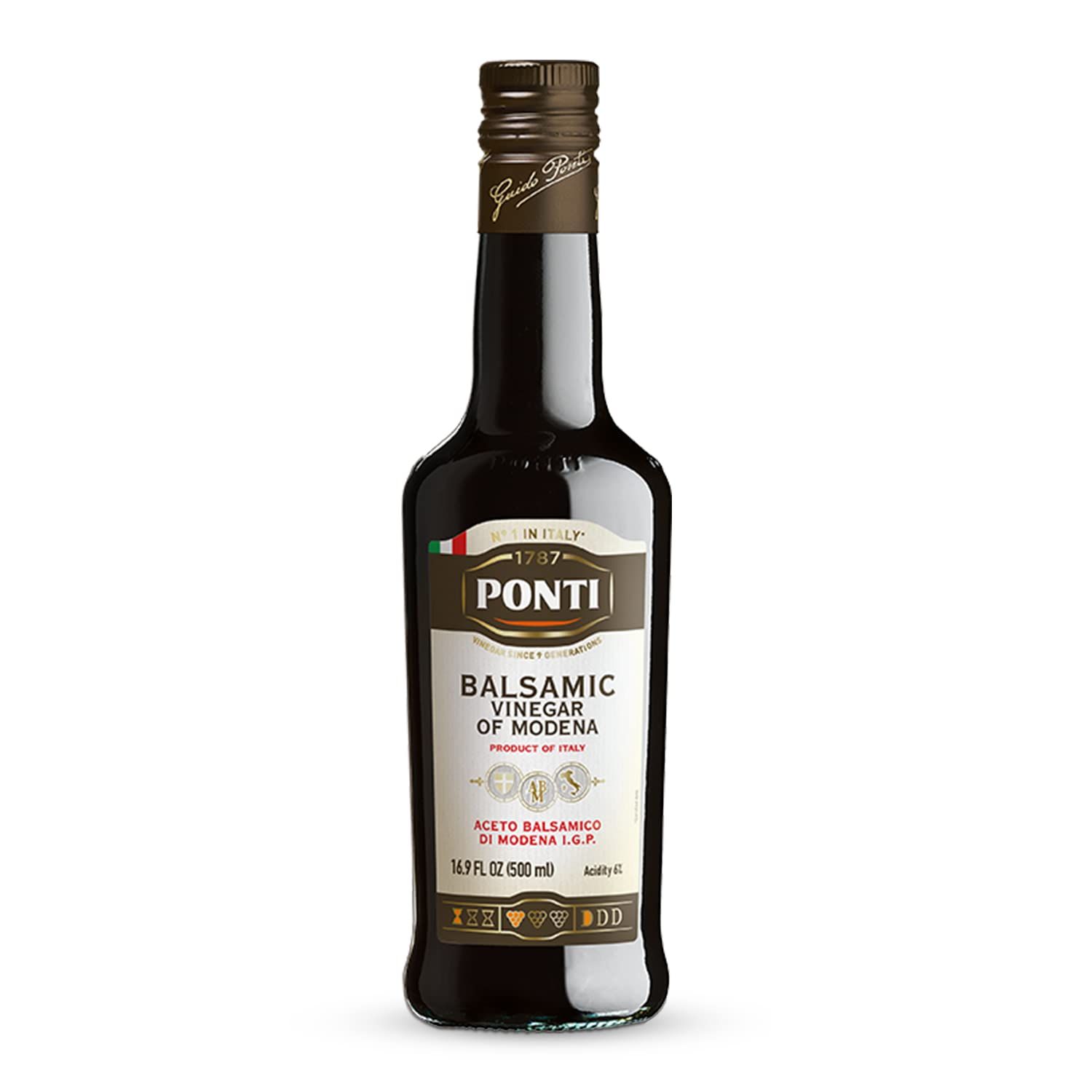 Ponti Balsamic Vinegar of Modena 16.9oz (500ml) - Italian Dressing Bottle Aceto Balsamico - Excellent Vinaigrette for Dipping Authentic Strong Flavor Zero Sugar Diluted Smooth Texture