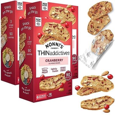 Nonni&#39;s THINaddictives Almond Thin Cookies - 3 Boxes Cranberry Almond Biscotti Cookie Thins - Almond Cookie - Sweet Crunchy &amp; Chewy - Biscotti Individually Wrapped Cookie - Kosher Coffee Cookie 4.4 Oz