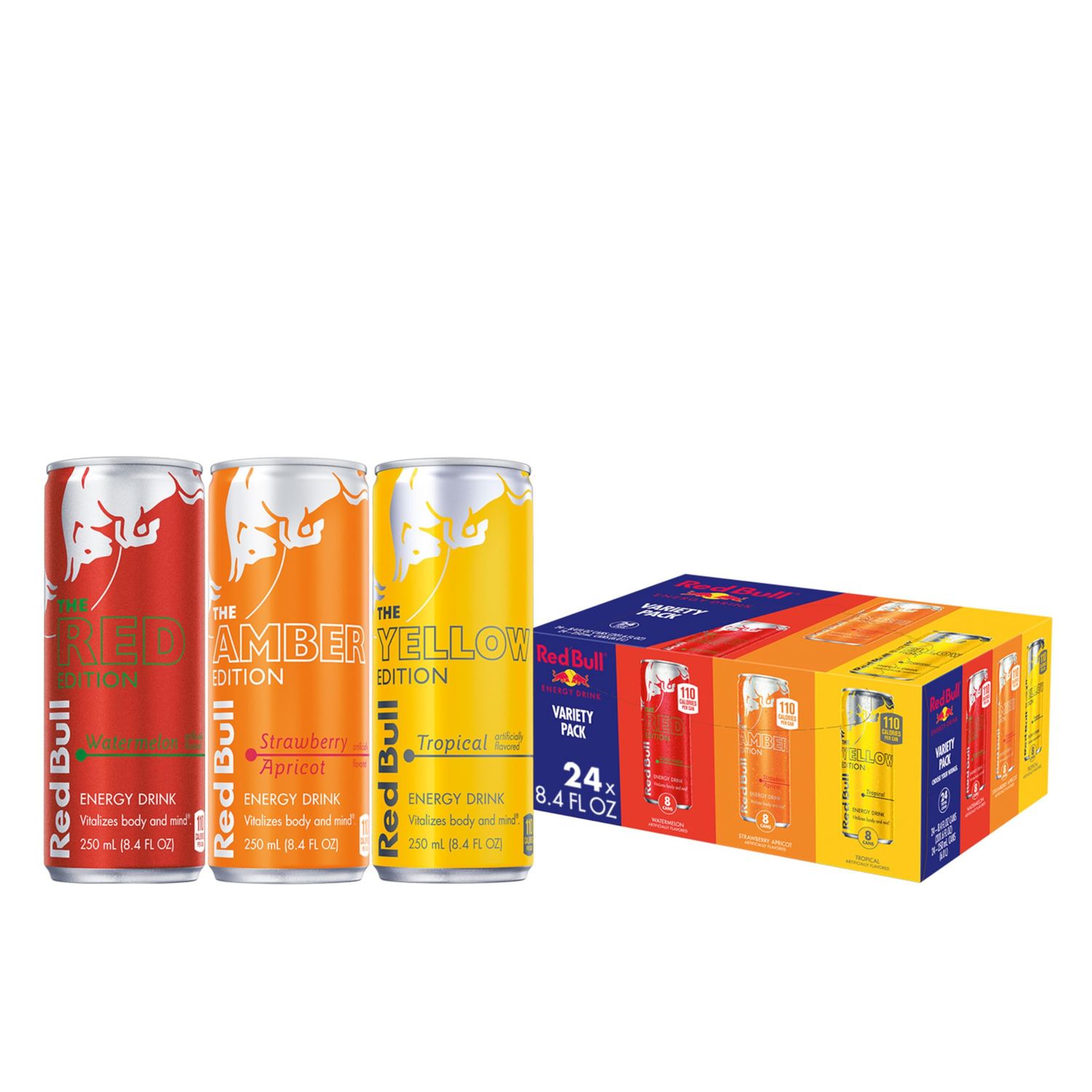 Red Bull Energy Drink Variety Pack, Red, Yellow &amp; Amber, with 80mg Caffeine plus Taurine &amp; B Vitamins, 8.4 Fl Oz, Pack of 24 Cans
