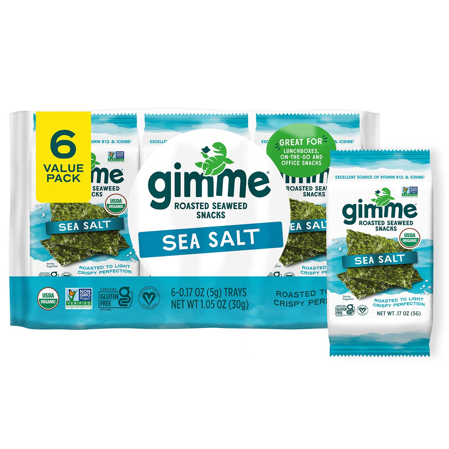 Gimme Seaweed - Sea Salt - 6 Count - Organic Roasted Seaweed Sheets - Keto, Vegan, Gluten Free - Great Source of Iodine &amp; Omega 3s - Healthy On-The-Go Snack for Kids &amp; Adults