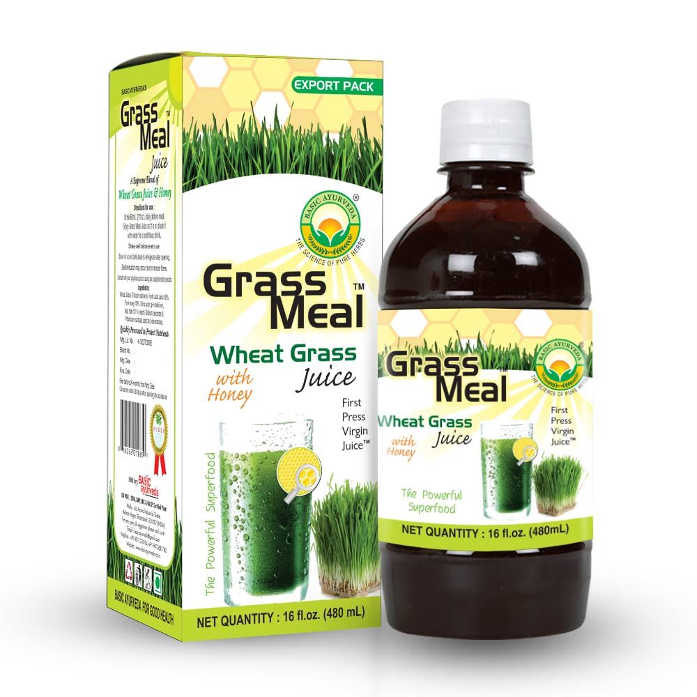 BASIC AYURVEDA Wheat Grass Juice with Honey | Organic &amp; Pure Grass Meal Juice | Purifying &amp; Natural Herbal Drink for Immune Support | 16.23 Fl Oz (480ml)