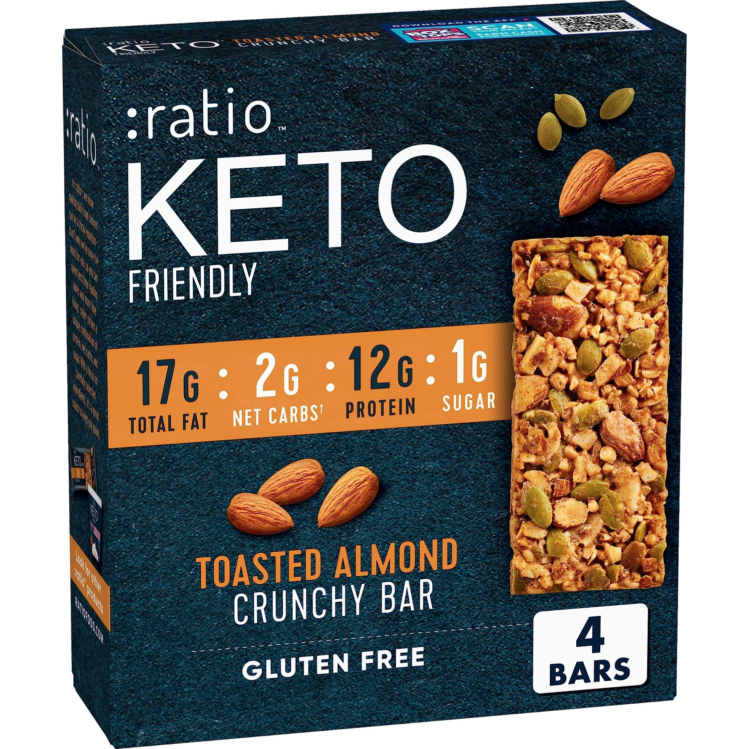 Ratio Crunchy Bar, Toasted Almond, 12g Protein, Keto Friendly, 5.8 oz (4 Bars)