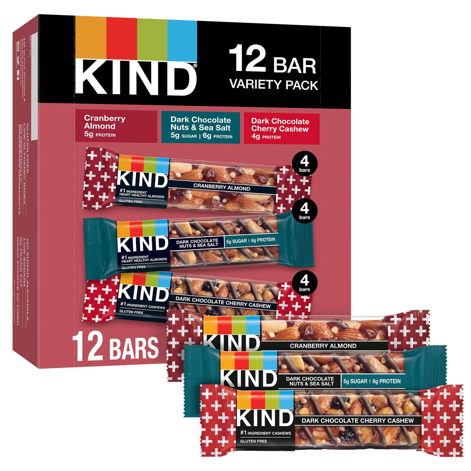 KIND Nut Bars, Variety Pack, Dark Chocolate Nuts and Sea Salt, Dark Chocolate Cherry Cashew, Cranberry Almond, Healthy Snacks, Up to 6g Protein, Gluten Free, 30 Count