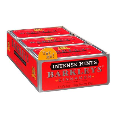 Barkleys Cinnamon Breath Mints -Strong Cool Mint Flavor- Cinnamon Candy, Dry Mouth Mints,- Breath Freshener, After Dinner Mints In Reusable Classic Travel Tins -Cinnamon Mints, Vegan, 50-count, 6-Pack