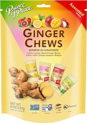 Prince of Peace Ginger Chews Assorted Flavors, 8 oz - Lemon, Lychee, Blood Orange, Mango - Candied Ginger Variety Pack - Natural Candy Pack