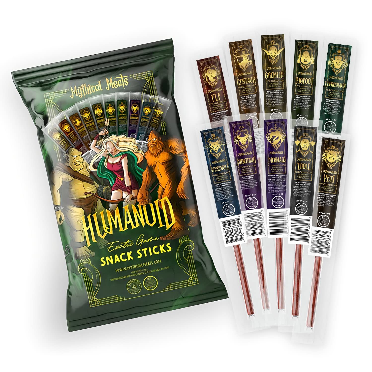 Mythical Meats Humanoid Exotic Game &amp; Beef Sticks - Individually Wrapped Beef Jerky Sticks - Keto Friendly High Protein Meat Snack for Adults and Kids - Variety Pack of 10 Meat Sticks