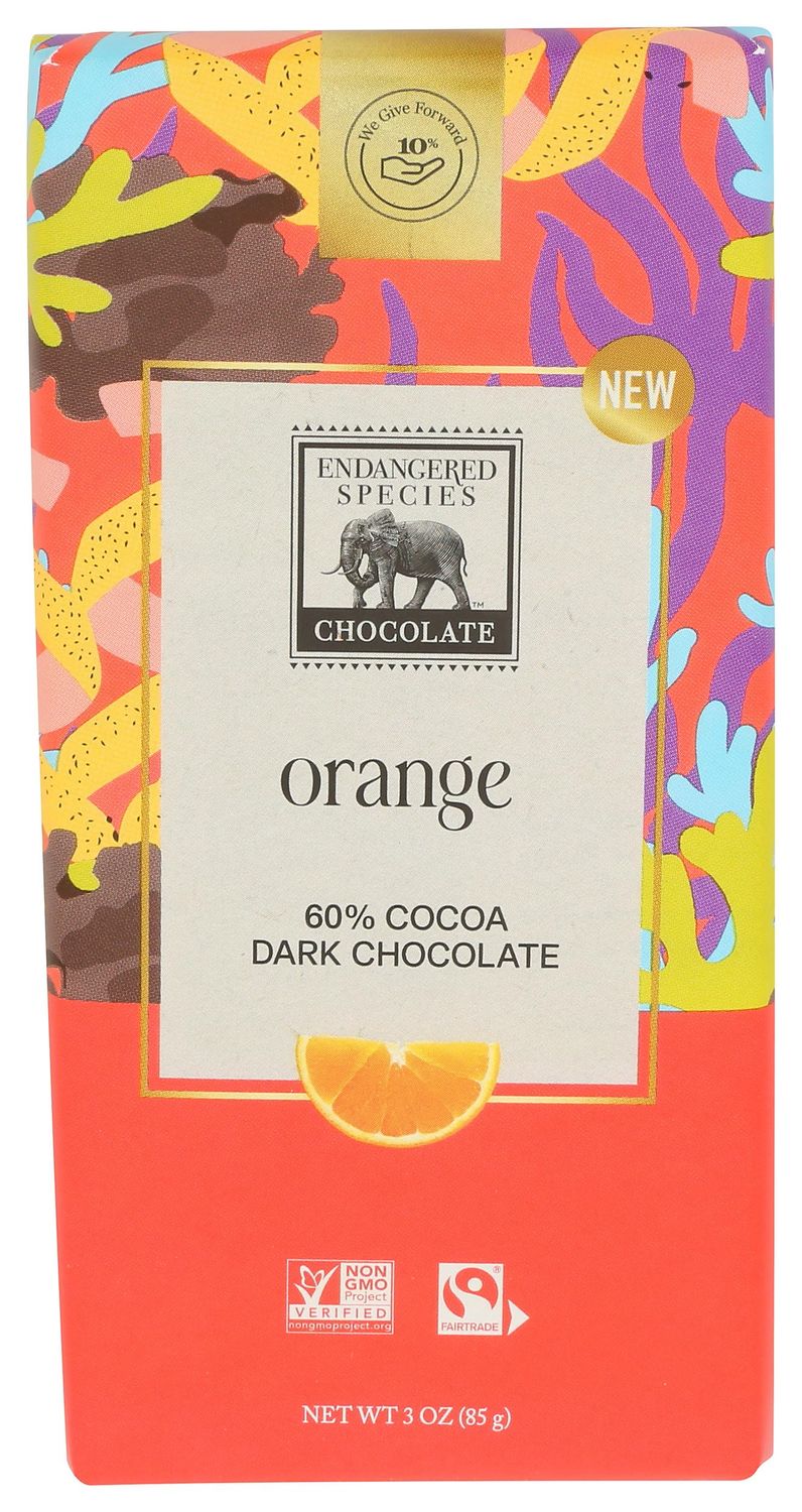 Endangered Species 60% Cocoa Orange Dark Chocolate Bar, Non GMO, 3 Ounces (Pack Of 12)