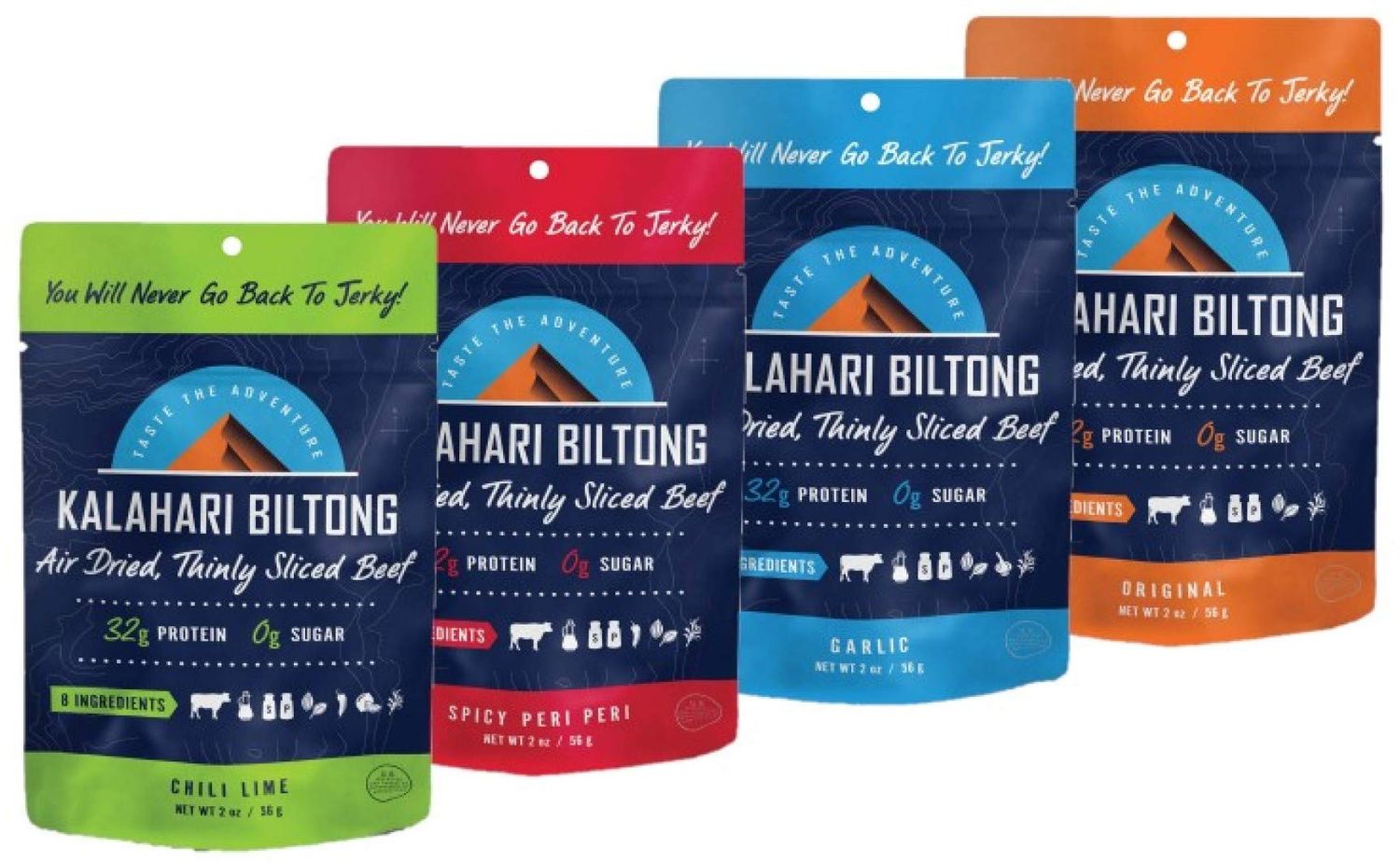 Variety Pack Kalahari Biltong, Air-Dried Thinly Sliced Beef, 2oz (Pack of 4), Sugar Free, Gluten Free, Keto &amp; Paleo, High Protein Snack