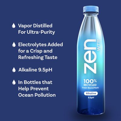 ZenWTR Ultra-Pure, Vapor Distilled Water, 1 Liter (Pack of 6) Bottled Water, 9.5 pH Alkaline Water with Electrolytes for a Crisp, Refreshing Taste