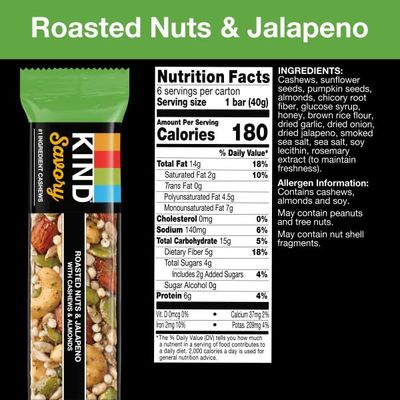 KIND Savory Nut Bars, Roasted Nuts &amp; Jalapeno, Good Source of Fiber, Gluten Free, Low Sugar, 6g Protein, 6 Count