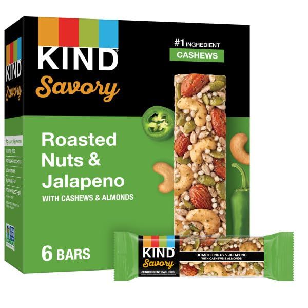 KIND Savory Nut Bars, Roasted Nuts &amp; Jalapeno, Good Source of Fiber, Gluten Free, Low Sugar, 6g Protein, 6 Count