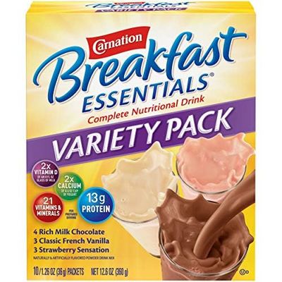 Nestle Carnation Breakfast Essentials Complete Nutritional Drink Rich Milk Chocolate / Classic French Vanilla / Strawberry Sensation Flavor 10 Ct