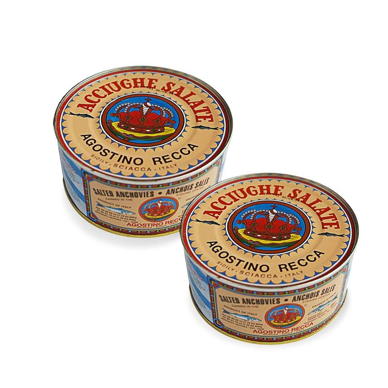 Agostino Recca Fresh Anchovies from Italy - Whole Anchovies for Pizza, Pasta, and Salad - Salted Anchovies in an 800g Can (Pack of 2)