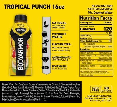 BODYARMOR Sports Drink Sports Beverage, Tropical Punch, Natural Flavor With Vitamins, Potassium-Packed Electrolytes, No Preservatives, Perfect For Athletes, 16 Fl Oz (Pack of 12)