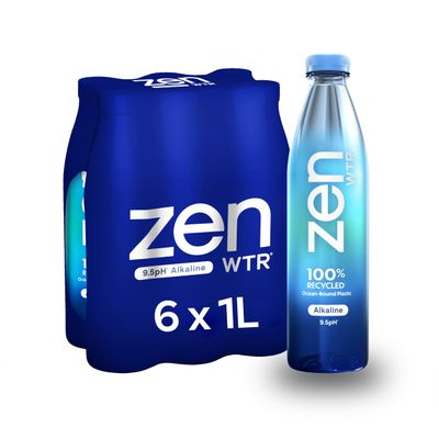 ZenWTR Ultra-Pure, Vapor Distilled Water, 1 Liter (Pack of 6) Bottled Water, 9.5 pH Alkaline Water with Electrolytes for a Crisp, Refreshing Taste