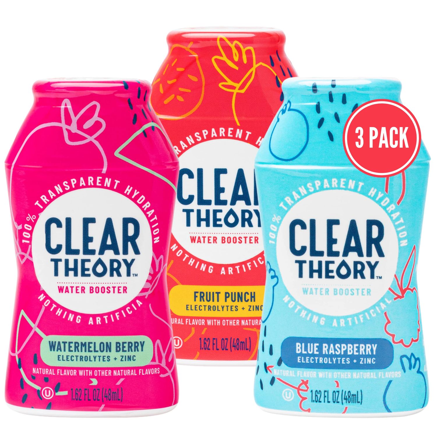 Clear Theory Water Flavoring Drops, Electrolytes Drink Mix, Water Enhancer Liquid, Flavored Hydration for Kids, Vegan, Gluten Free, Low Calories, Stevia, Variety Pack, 3 Pack, 1.62 Fl Oz Bottles