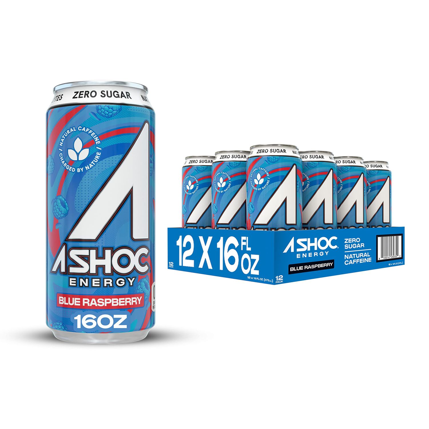 A SHOC Blue Raspberry Energy Drink, 16 fl oz can (Pack of 12)