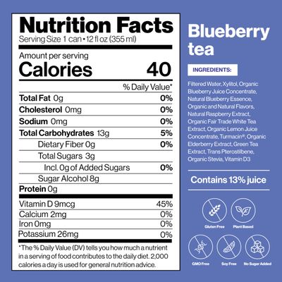 Happy Being Nutrient-Rich Organic Blueberry White Tea - Infused with Turmeric, Elderberry, Vitamin D3, Caffeine Free, Plant-Based, Low Calorie &amp; Low Sugar Drinks, 12oz (4 Pack)