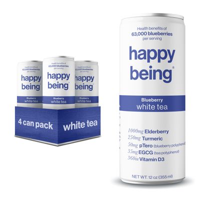 Happy Being Nutrient-Rich Organic Blueberry White Tea - Infused with Turmeric, Elderberry, Vitamin D3, Caffeine Free, Plant-Based, Low Calorie &amp; Low Sugar Drinks, 12oz (4 Pack)