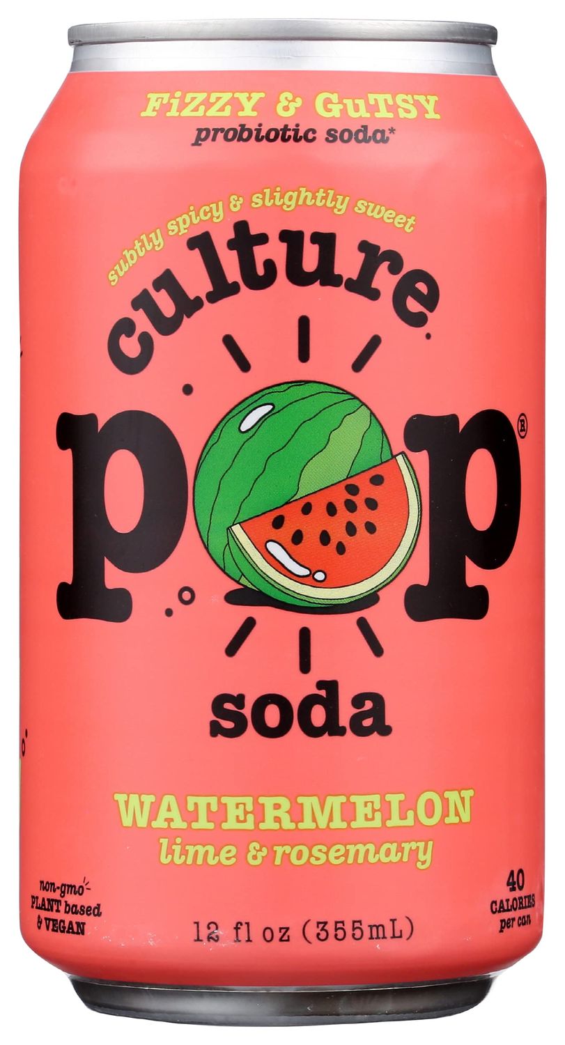 Culture Pop Soda Sparkling Probiotic Drink, 40 Calories Per Can, Vegan Soda for Gut Health, Non-GMO, GF, No Added Sugar, Watermelon, 12 Fluid Ounce (Pack of 12)