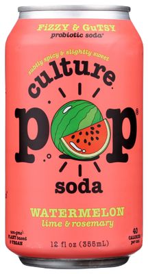 Culture Pop Soda Sparkling Probiotic Drink, 40 Calories Per Can, Vegan Soda for Gut Health, Non-GMO, GF, No Added Sugar, Watermelon, 12 Fluid Ounce (Pack of 12)