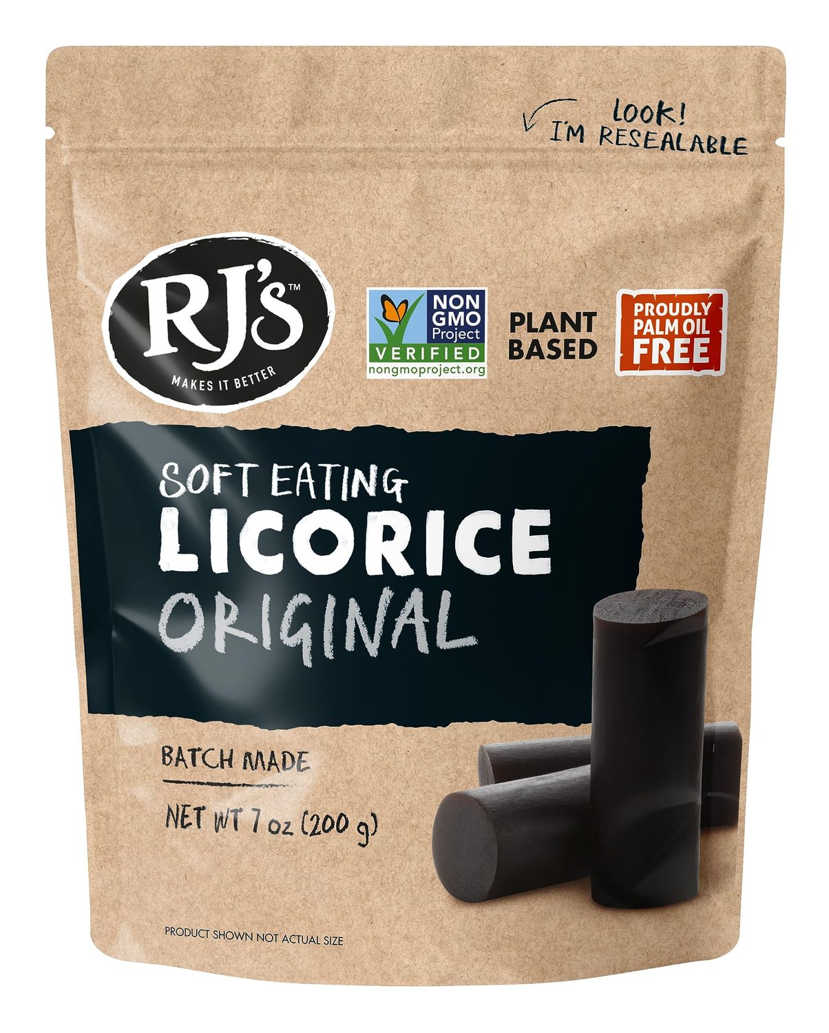 RJ&#39;s Soft Australian Licorice, Original Black Flavor, Resealable Bag, 7 Ounce (1-Pack) | Non-GMO, No Palm Oil, Plant Based | Soft &amp; Chewy Licorice Candy, Made in Australia