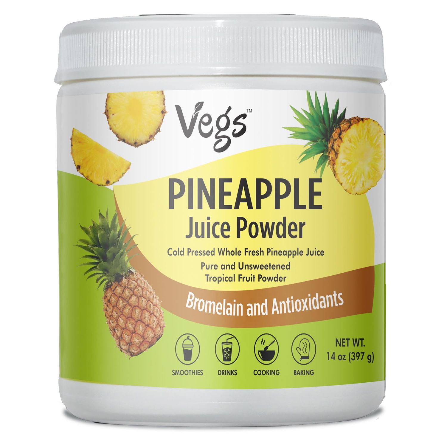Vegs Pineapple Juice Powder - Freeze Dried Organic Pineapple Powder with Bromelain &amp; Antioxidants - Sugar-Free Cold Pressed Tropical Fruit - Smoothies, Drinks, Cooking, Baking - Vegan, Non-GMO - 14 Oz
