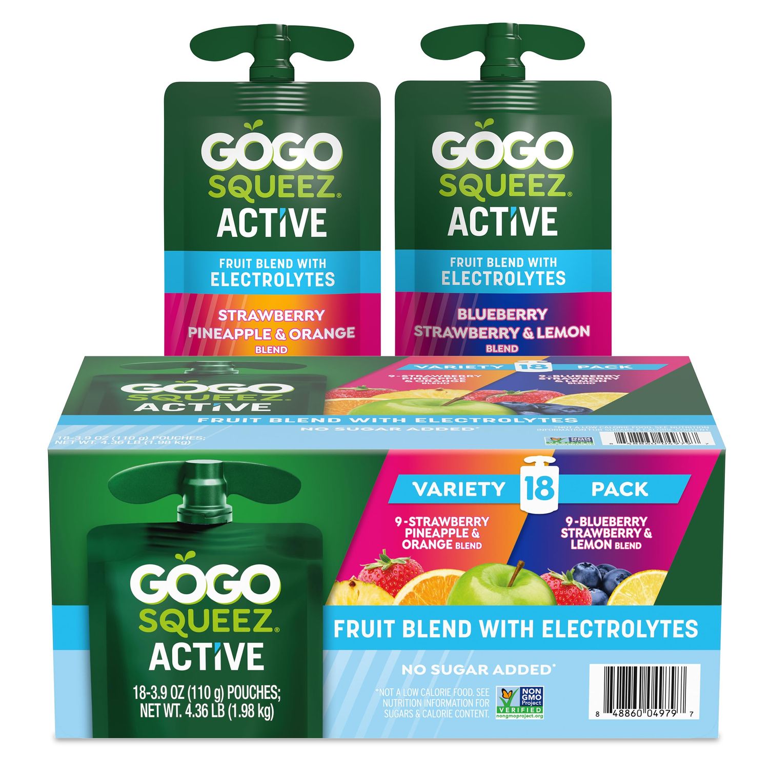 GoGo squeeZ Active Fruit Blend with Electrolytes  18Count Variety Pack  Blueberry Strawberry Lemon  Strawberry Pineapple Orange  Made with Real Fruit and Antioxidants Vitamin A Vitamin E  Vitamin C