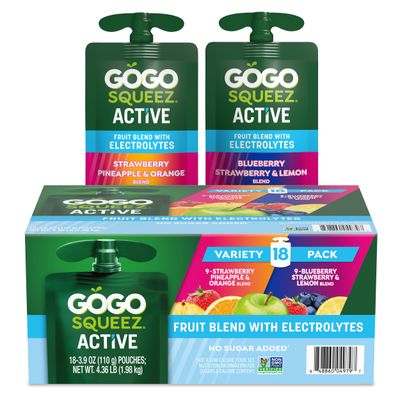 GoGo squeeZ Active Fruit Blend with Electrolytes  18Count Variety Pack  Blueberry Strawberry Lemon  Strawberry Pineapple Orange  Made with Real Fruit and Antioxidants Vitamin A Vitamin E  Vitamin C