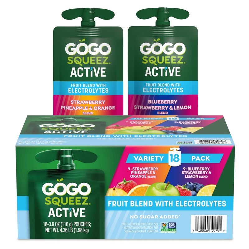GoGo squeeZ Active Fruit Blend with Electrolytes  18Count Variety Pack  Blueberry Strawberry Lemon  Strawberry Pineapple Orange  Made with Real Fruit and Antioxidants Vitamin A Vitamin E  Vitamin C
