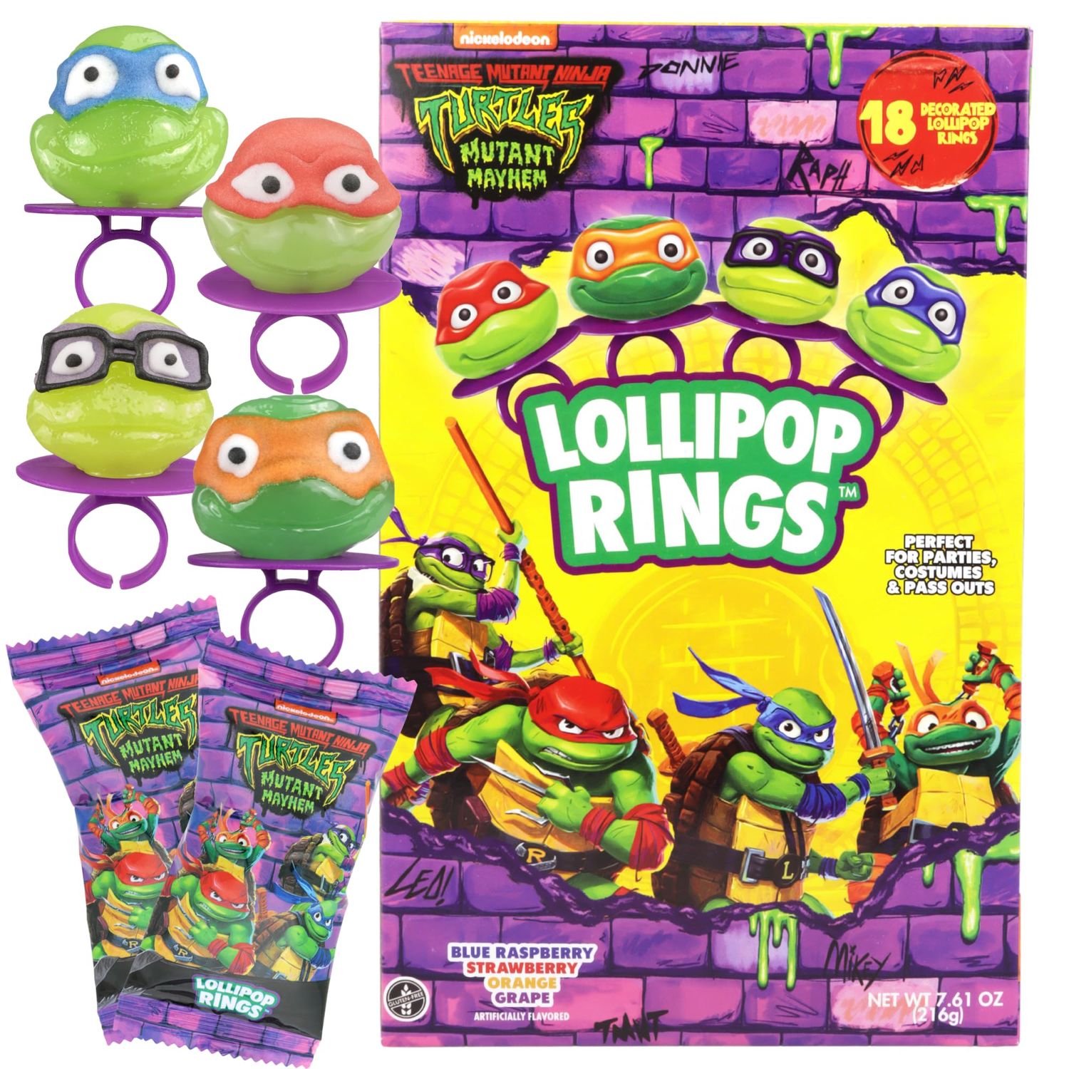 Imaginings 3 Teenage Mutant Ninja Turtles Individually Wrapped Lollipop Rings, Leonardo, Raphael, Michelangelo, and Donatello, Decorated Candy, Birthday Party Favors, 18 Count