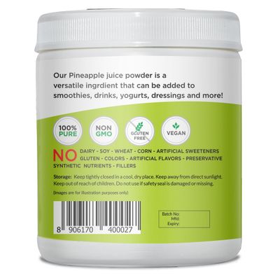 Vegs Pineapple Juice Powder - Freeze Dried Organic Pineapple Powder with Bromelain &amp; Antioxidants - Sugar-Free Cold Pressed Tropical Fruit - Smoothies, Drinks, Cooking, Baking - Vegan, Non-GMO - 14 Oz