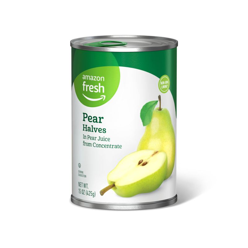 Amazon Fresh Brand, Canned Pear Halves in Pear Juice from Concentrate, 15 Oz (Previously Happy Belly, Packaging May Vary)