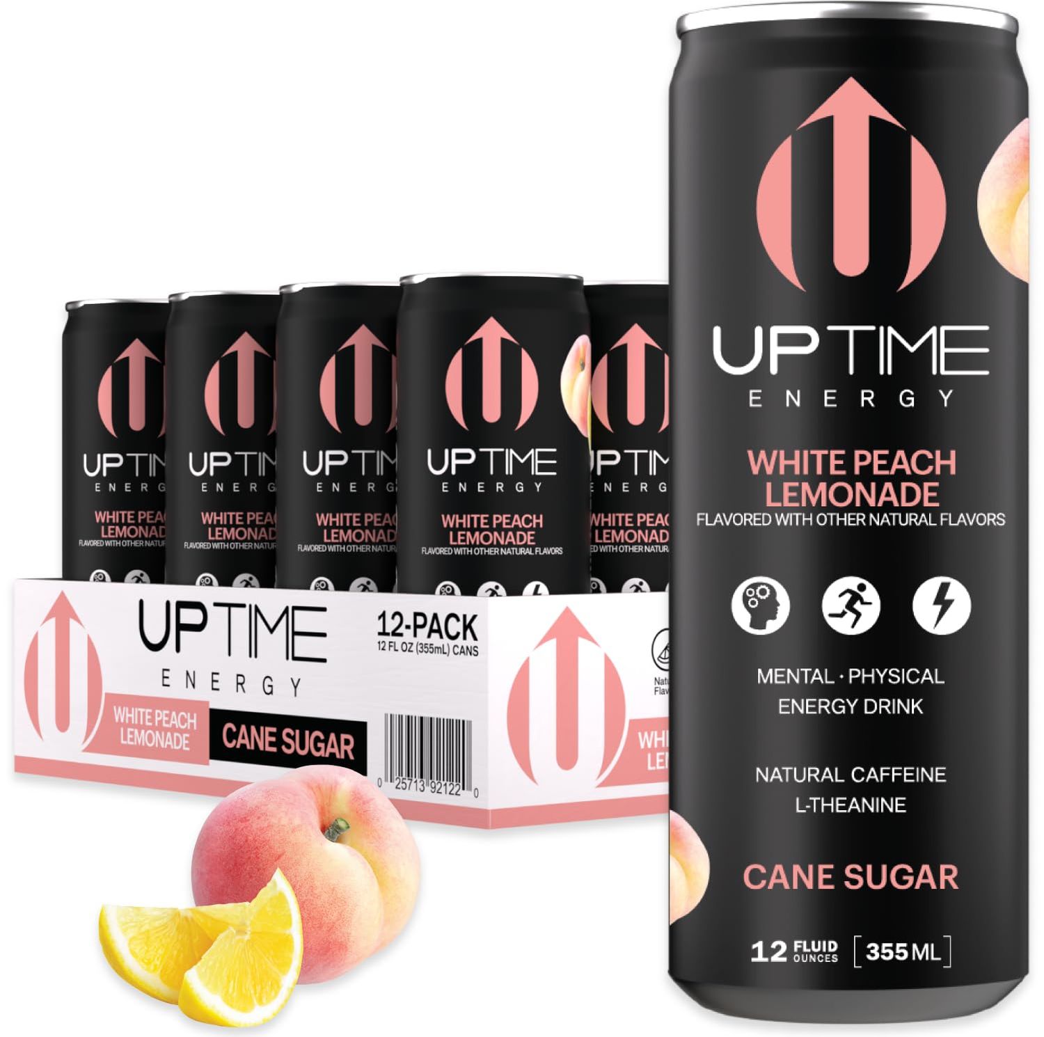 UPTIME Energy - White Peach Lemonade - Cane Sugar (12 Pack), Premium Energy Drink, 12oz Cans, Natural Caffeine, Sparkling, Natural Flavors