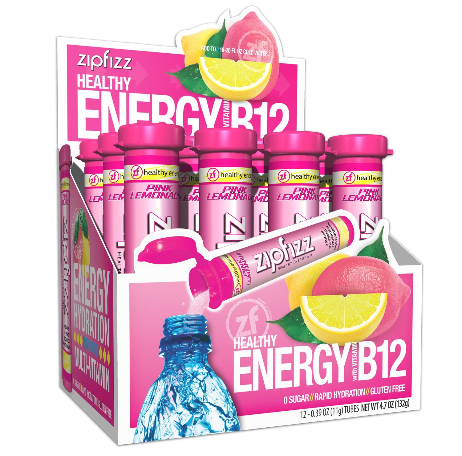 Zipfizz Daily Energy Drink Powder, Pink Lemonade, 12 Pack | 3-in-1 Sustained Energy, Rapid Hydration, and Essential Vitamins | Sugar-Free | Electrolyte Powder | Contains Vitamin B-12 &amp; Antioxidants