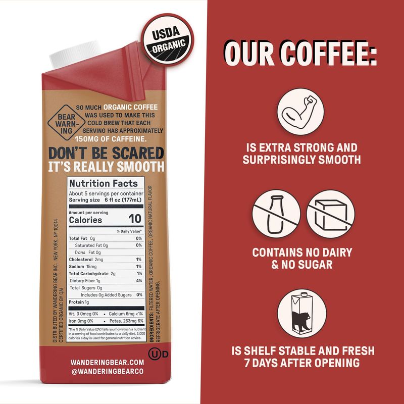 Wandering Bear Organic Mocha Cold Brew Coffee, 32 fl oz, 3 pack - Extra Strong, Smooth, Unsweetened, Shelf-Stable, and Ready to Drink Iced Coffee, Cold Brewed Coffee, Cold Coffee