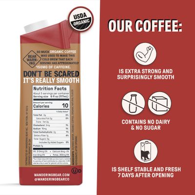 Wandering Bear Organic Mocha Cold Brew Coffee, 32 fl oz, 3 pack - Extra Strong, Smooth, Unsweetened, Shelf-Stable, and Ready to Drink Iced Coffee, Cold Brewed Coffee, Cold Coffee