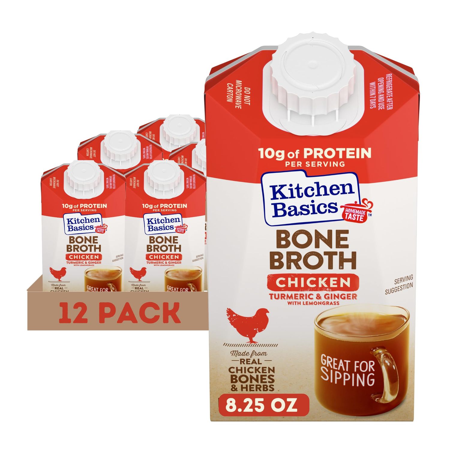 Kitchen Basics Turmeric &amp; Ginger With Lemongrass Chicken Bone Broth, 8.25 oz (Pack of 12) | No Artificial Flavors, Gluten Free, Keto Friendly, Great for Sipping, Resealable Cap |