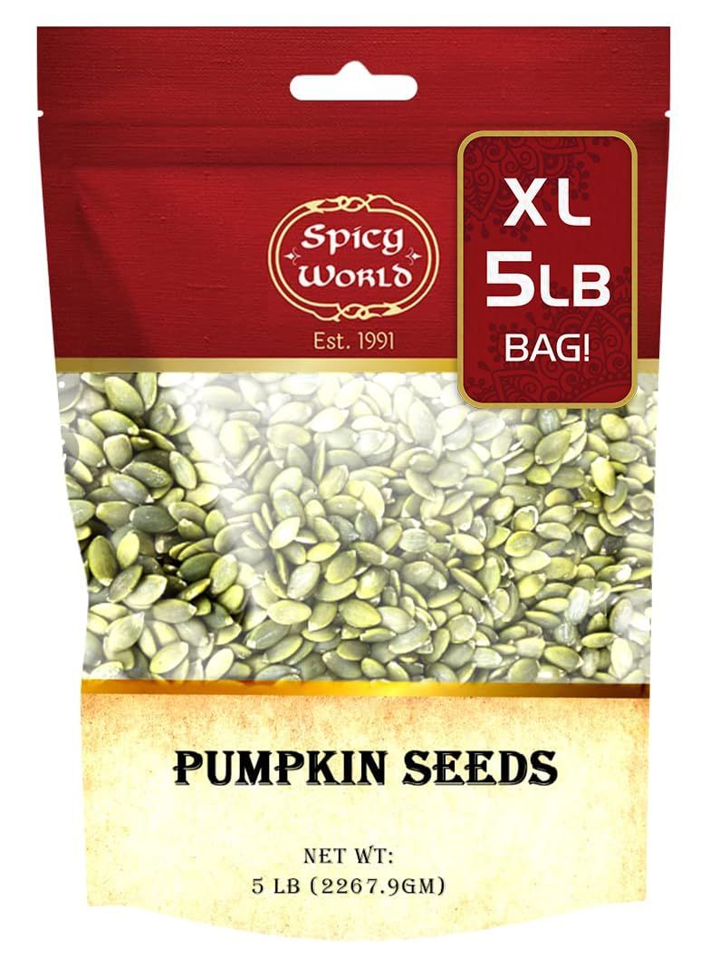 Spicy World Raw Pumpkin Seeds 5 LB Bag - Shelled, AAA Grade, Unsalted, Dry, Vegan, Bulk Bag