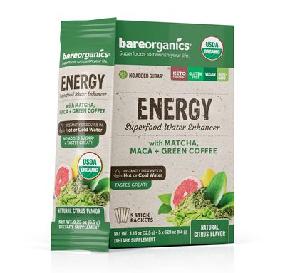 BareOrganics Energy Superfood Drink Mix, Organic, Energy, 5 Sticks