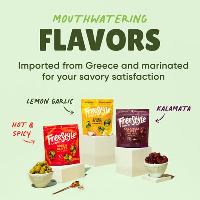 Freestyle Snacks Olive Snack Packs - Fresh Pitted Kalamata &amp; Green Olives, Jumbo-Sized, Grown in Greece, Salty Snack, All Natural, Non-GMO, Paleo, Sugar-Free, Keto Snacks - Variety Pack, 4oz (3 Pack)