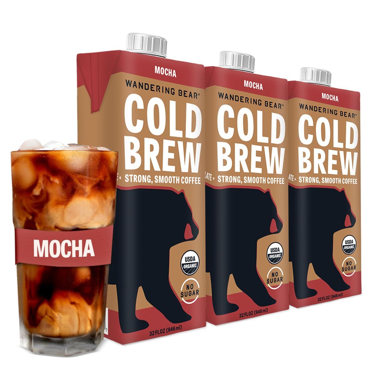 Wandering Bear Organic Mocha Cold Brew Coffee, 32 fl oz, 3 pack - Extra Strong, Smooth, Unsweetened, Shelf-Stable, and Ready to Drink Iced Coffee, Cold Brewed Coffee, Cold Coffee