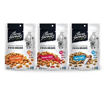 Three Farmers - Roasted Fava Beans Variety Pack | Zesty Cheddar, Sweet Chili &amp; Sea Salt | 3 Pack - 140g | Gluten-Free | Vegan | Kosher | Plant Protein | High Fibre | Low Fat | Non-GMO Certified