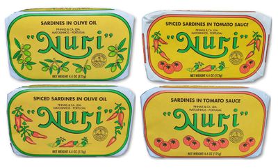 NURI Portuguese Sardines Variety Pack | 4 Pack Bundle | One of Each | Pure Olive Oil, Spiced Pure Olive Oil, Tomato and Olive Oil AND Spiced Tomato and Olive Oil