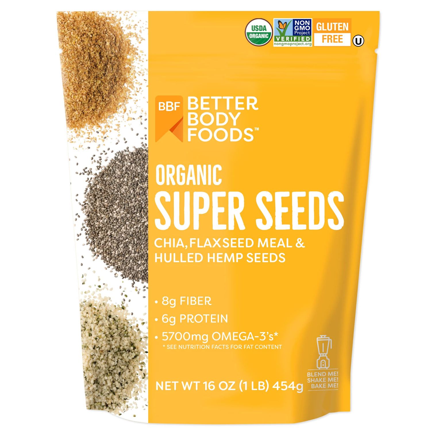 BetterBody Foods Superfood Organic Super Seeds - Blend of Organic Chia Seeds, Milled Flax Seed, Hemp Hearts, Add to Smoothies Shakes &amp; More, 1lb, 16 oz