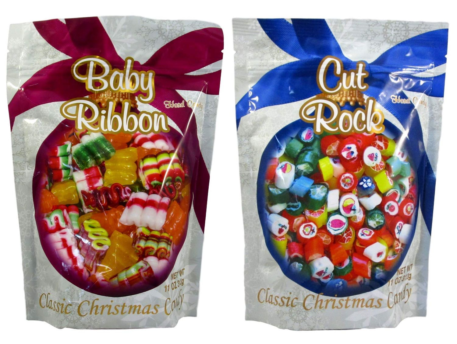 Primrose Old Fashion Christmas Hard Candy - Bundle of 11oz 2 Bags: Baby Ribbon and Cut Rock