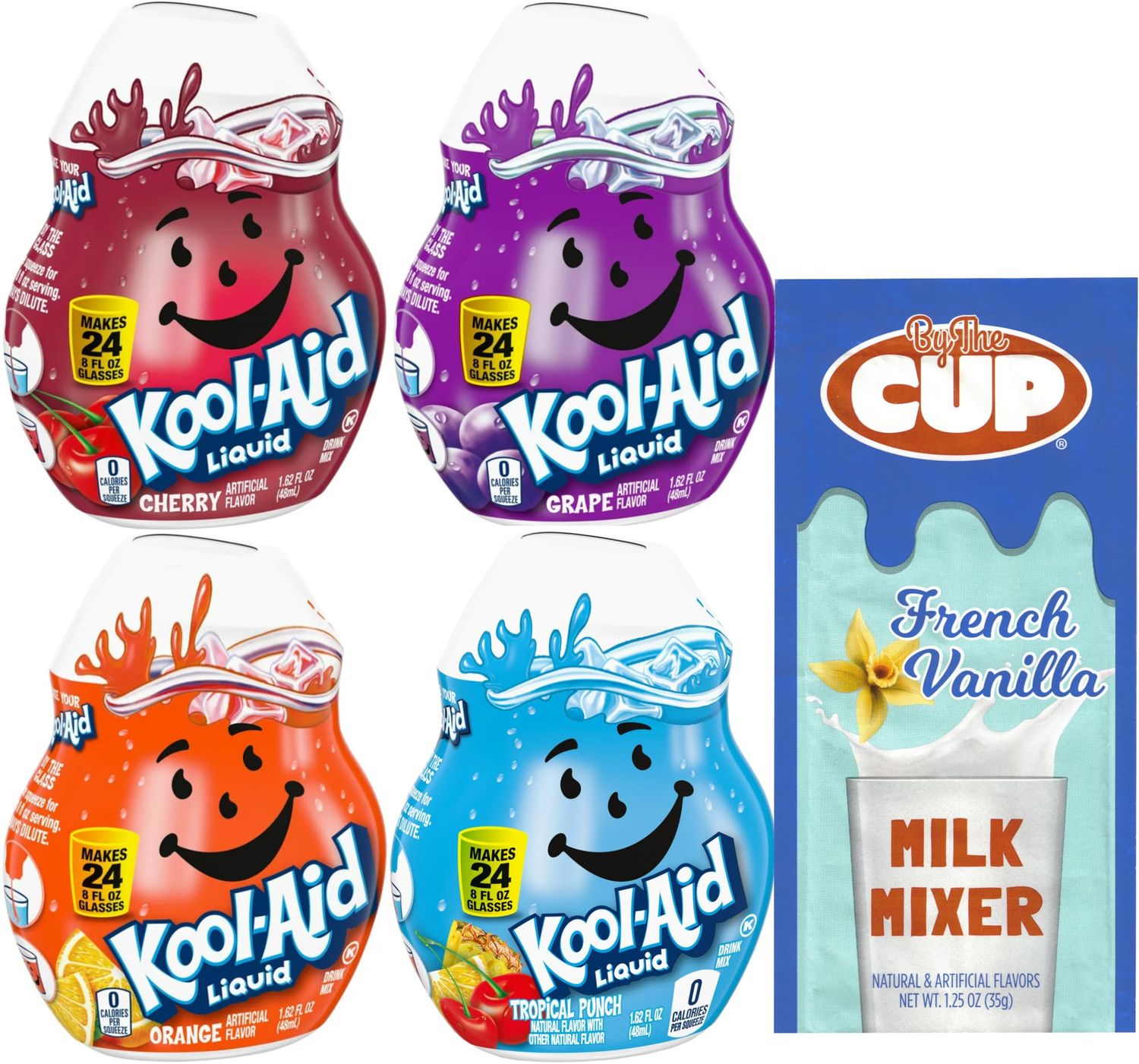 Kool-Aid Liquid Drink Mix 4 Flavor Variety, Tropical Punch, Grape, Orange, Cherry 1.62 fl oz (Pack of 4) with By The Cup French Vanilla Milk Mixer