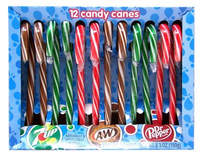 Dr. Pepper, 7 Up, and A&amp;W Flavored Christmas Candy Cane, Pack of 12, 5.3 oz