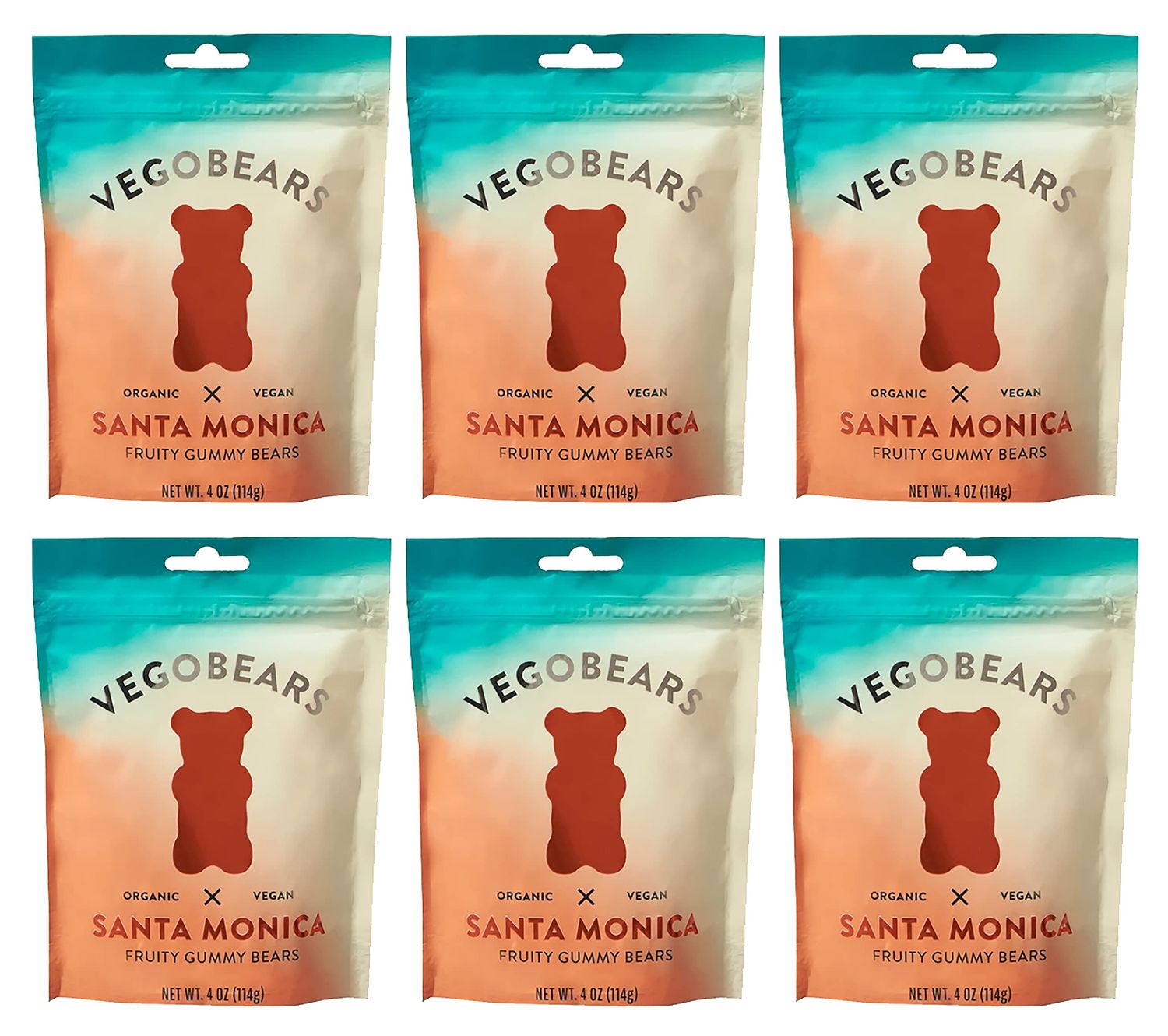 Candy People VegoBears Santa Monica Vegan Gummy Bears Organic Fruity Gummy Bears, Non-GMO, Banana, Pineapple, &amp; Strawberry Gummies 4 Ounce (6 Pack)