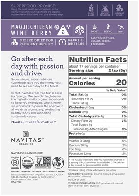 Navitas Organics Maqui Powder, 3 oz. Pouch, 17 Servings - Organic, Non-GMO, Freeze-Dried, Gluten-Free